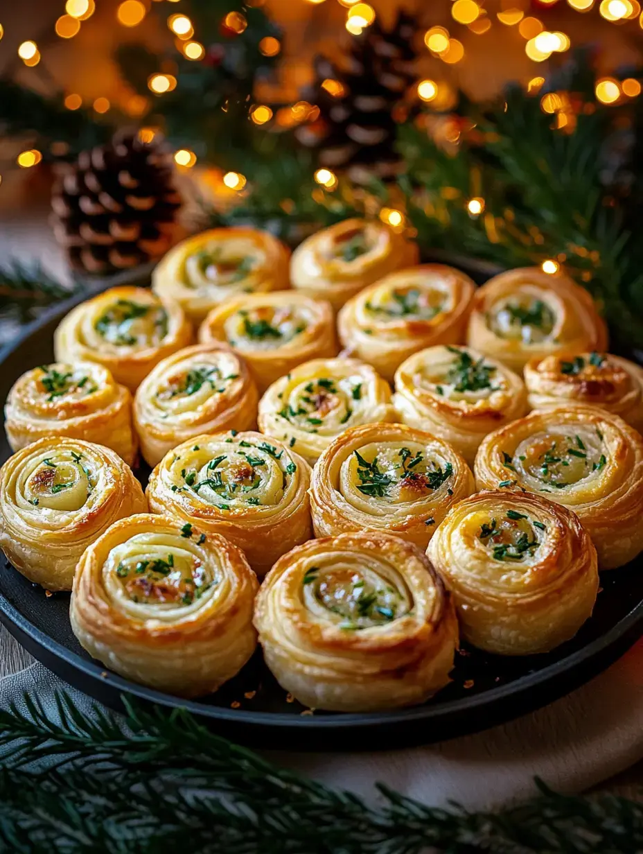 A platter of golden, spiral puff pastry rolls topped with herbs, set against a festive backdrop of pine cones and twinkling lights.