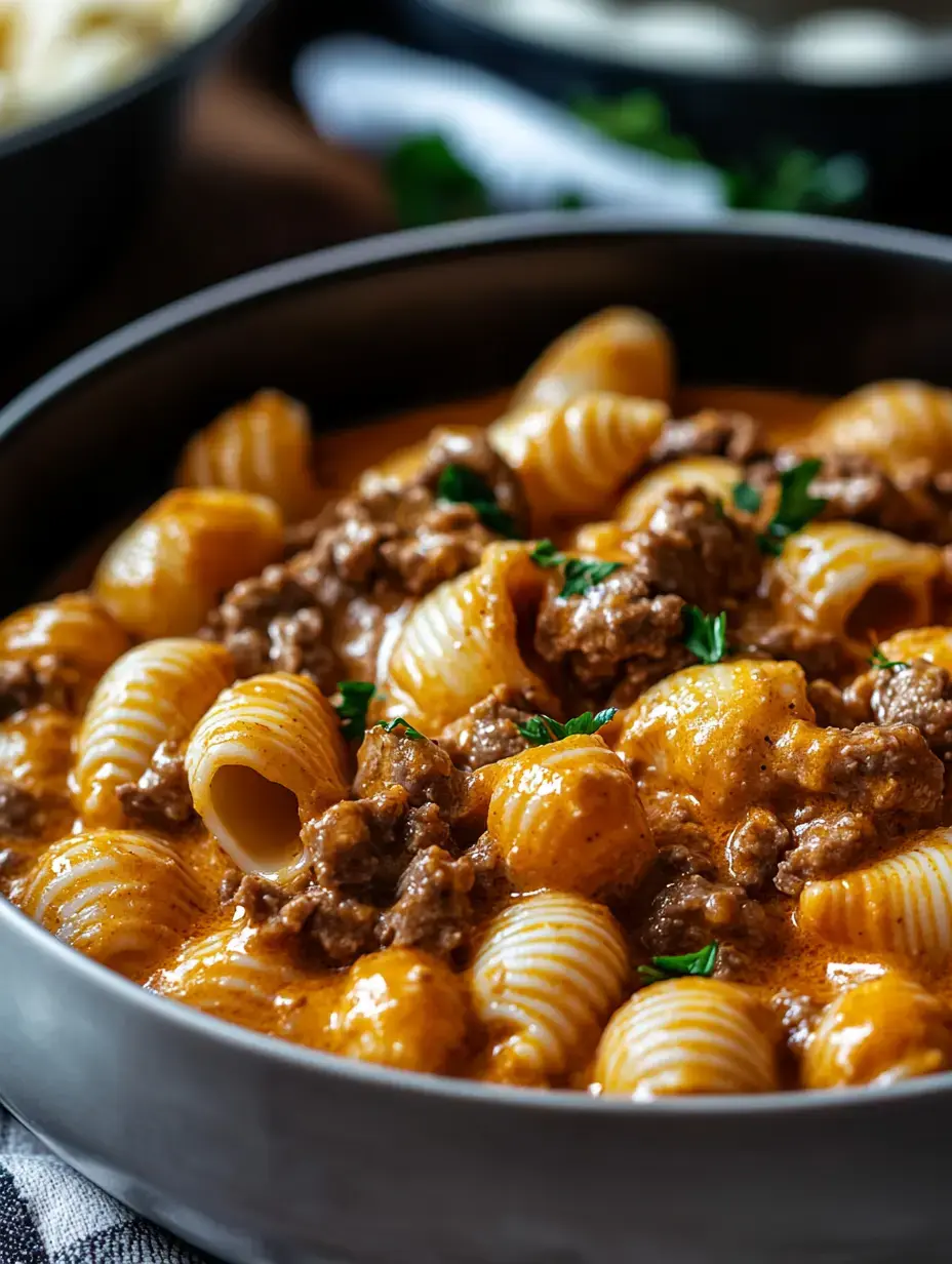 A close-up of a bowl filled with creamy pasta and ground beef, garnished with fresh herbs.