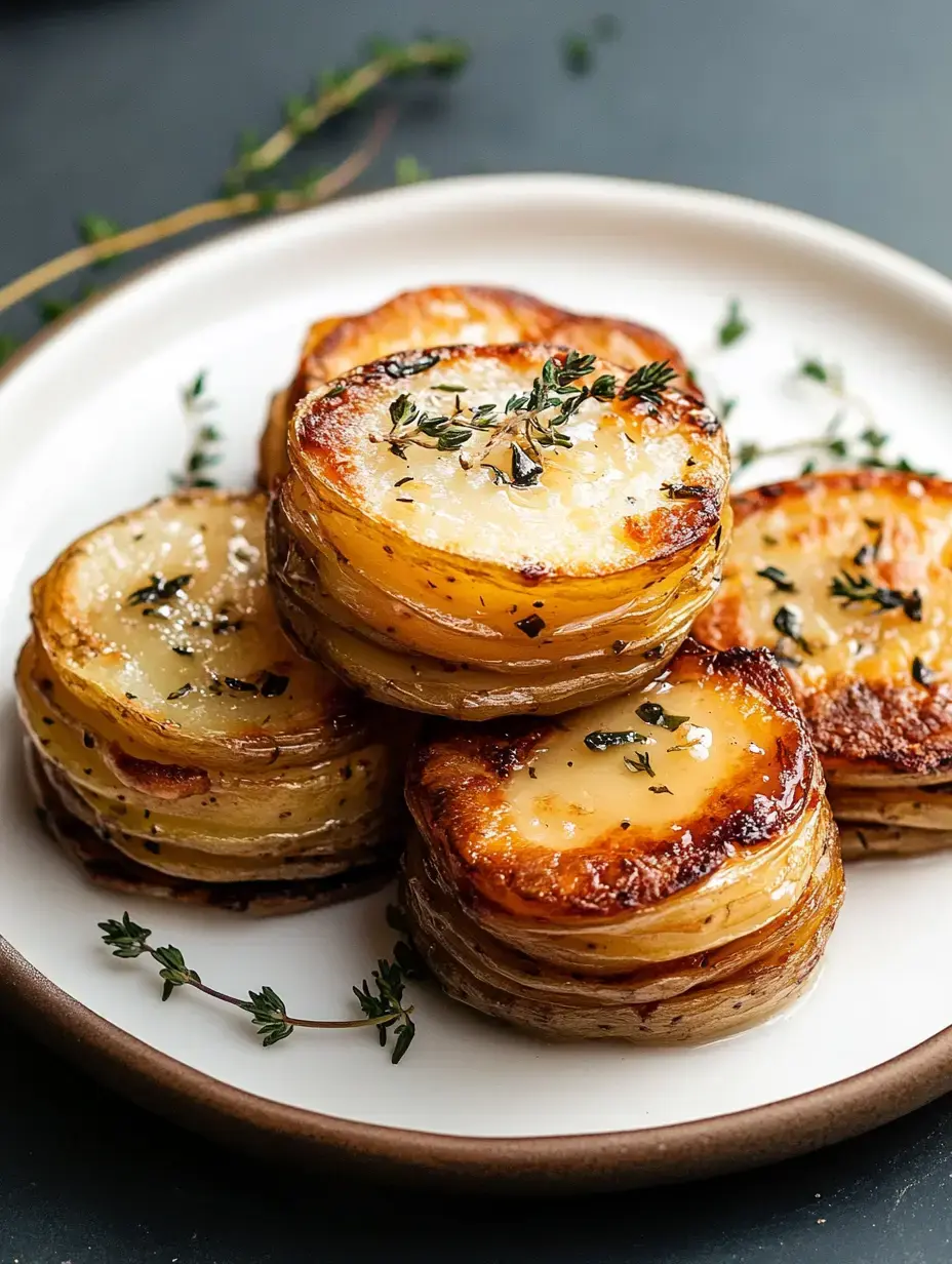 A plate of stacked, golden-brown roasted potato slices garnished with fresh thyme.