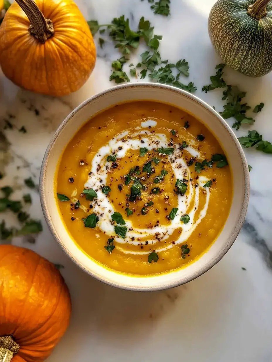 A bowl of creamy pumpkin soup garnished with swirl of cream, herbs, and black pepper, surrounded by fresh pumpkins and chopped cilantro on a marble surface.