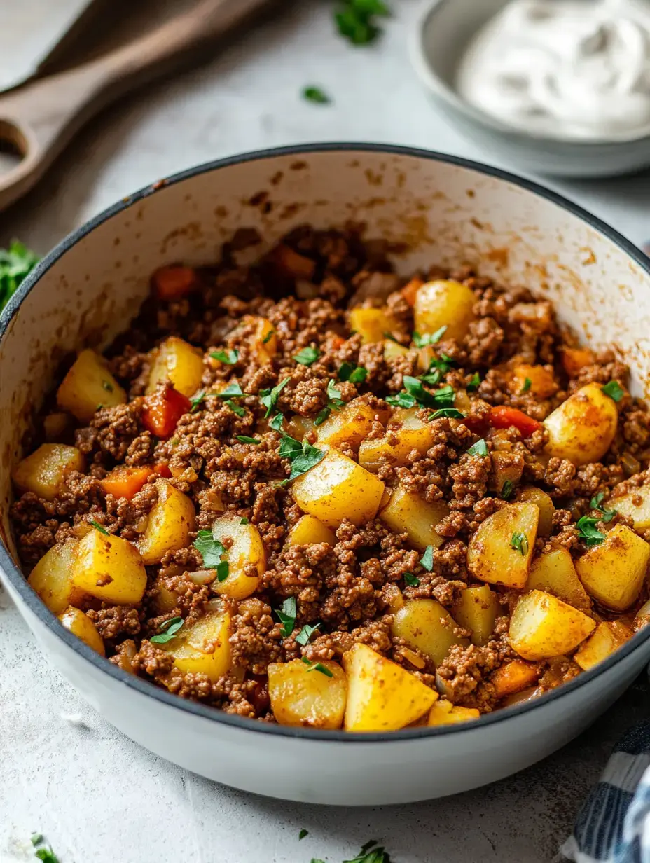 A pot filled with ground meat, diced potatoes, and vegetables, garnished with chopped parsley.