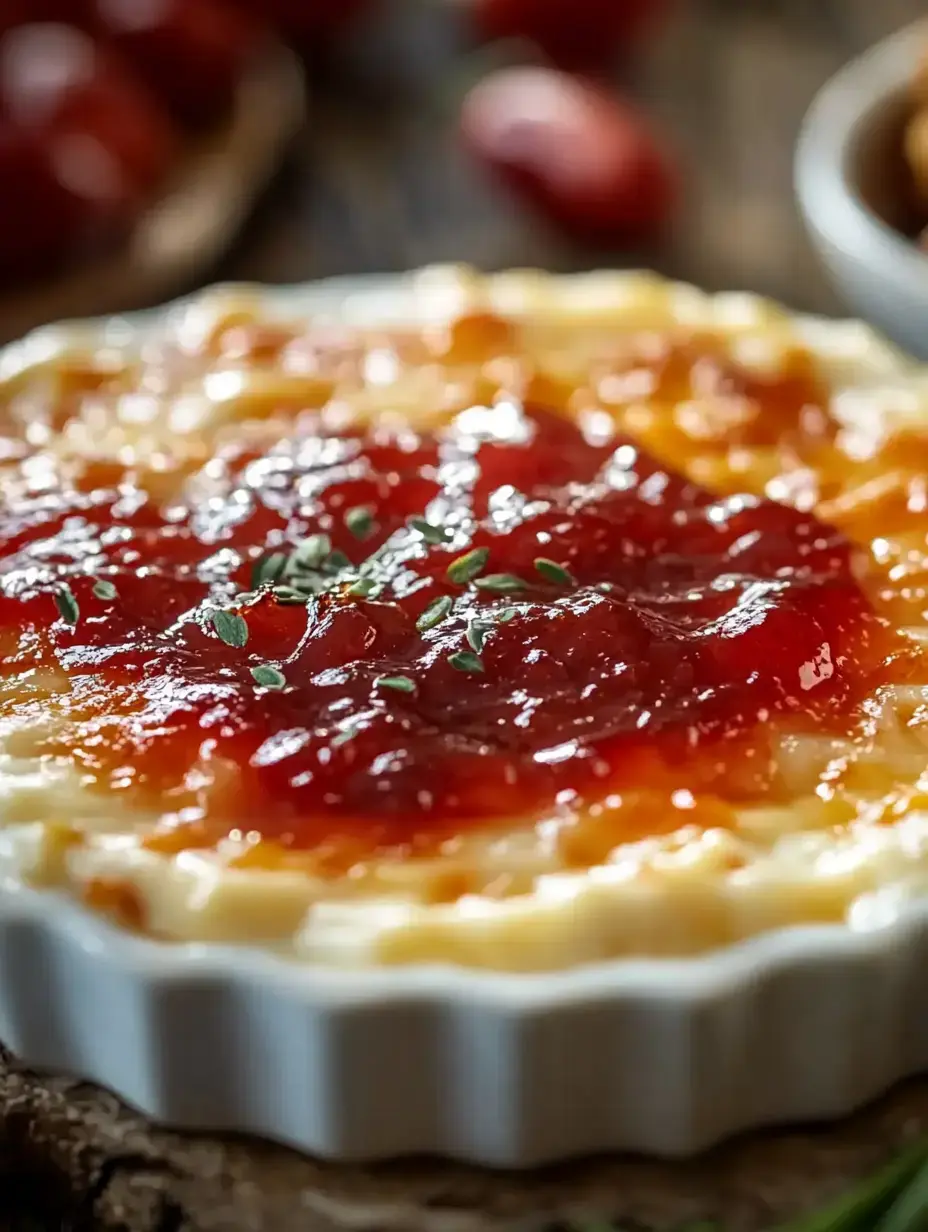 A close-up of a creamy dish topped with a glossy red jam and garnished with fresh herbs, served in a white dish.