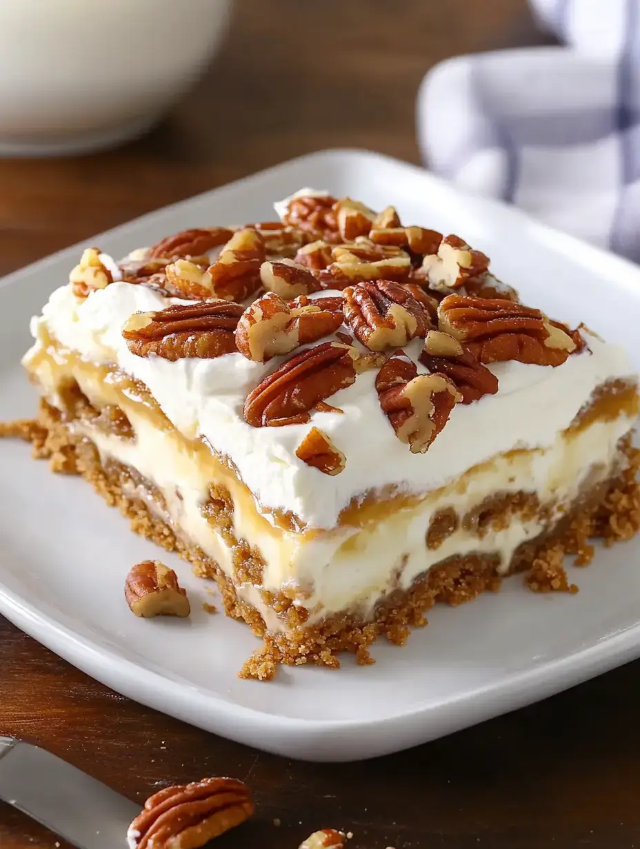 A slice of layered dessert with a graham cracker crust, creamy filling, caramel, whipped cream, and topped with chopped pecans, served on a white plate.