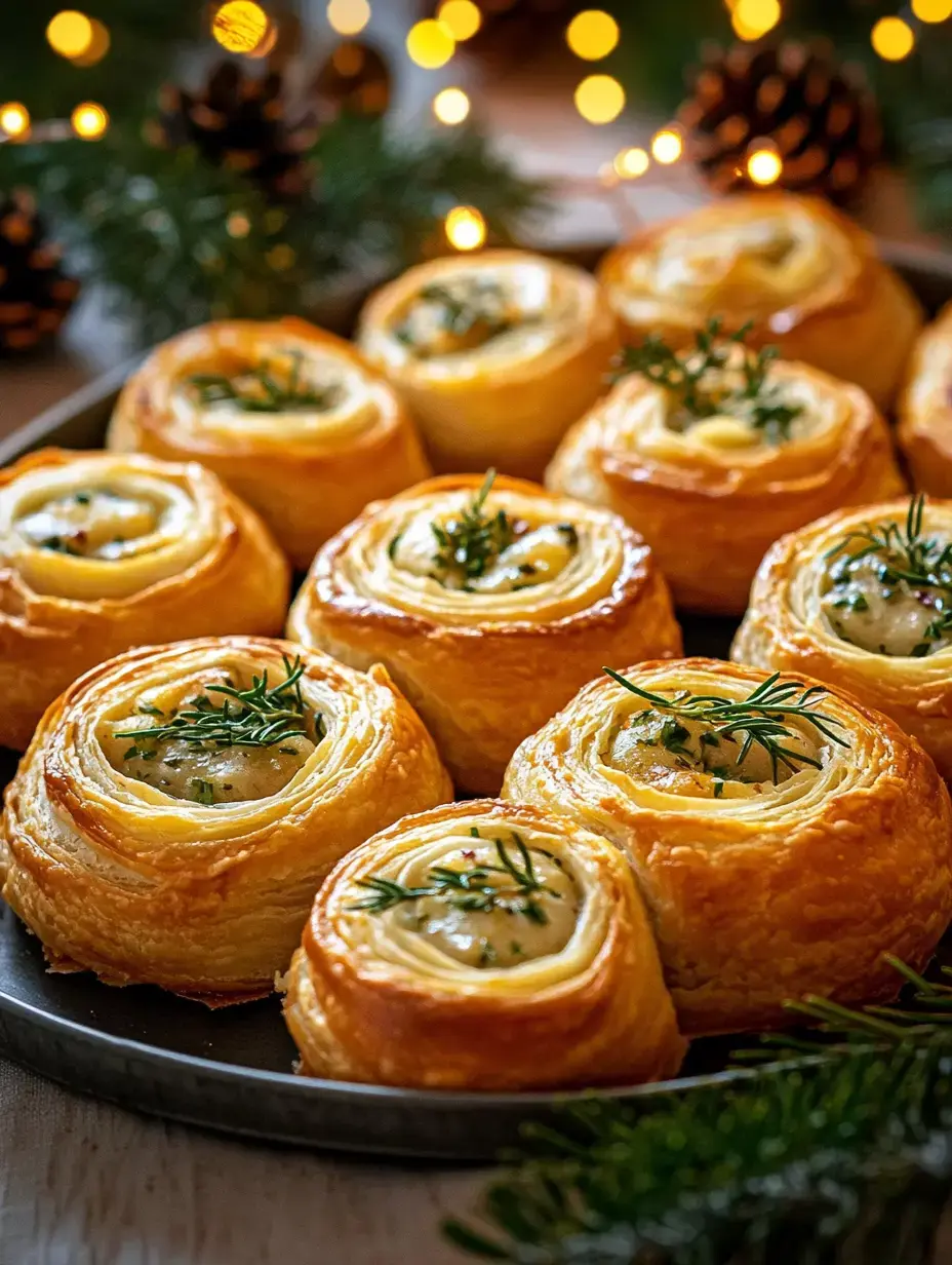 A close-up view of pastry rolls topped with herbs, arranged on a dark plate with festive decorations in the background.