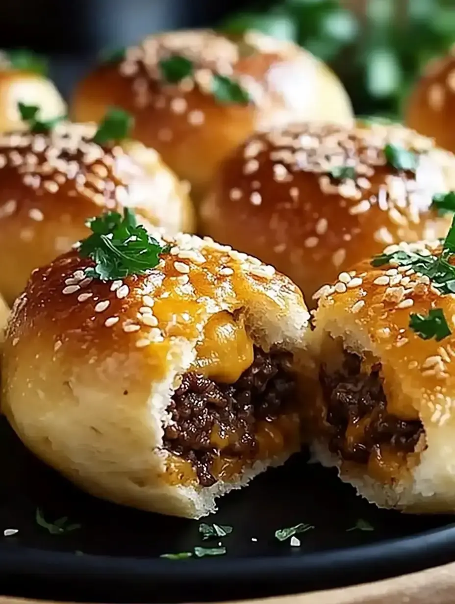 A close-up of golden, sesame-seeded buns filled with melted cheese and seasoned ground beef, garnished with fresh parsley.