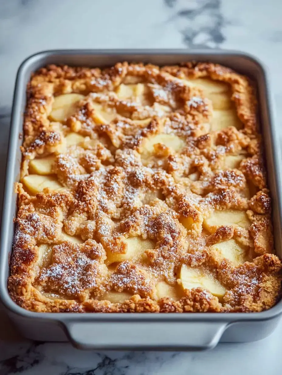 A baked dessert with a golden, crumbly topping and apple slices, dusted with powdered sugar, in a gray baking dish.