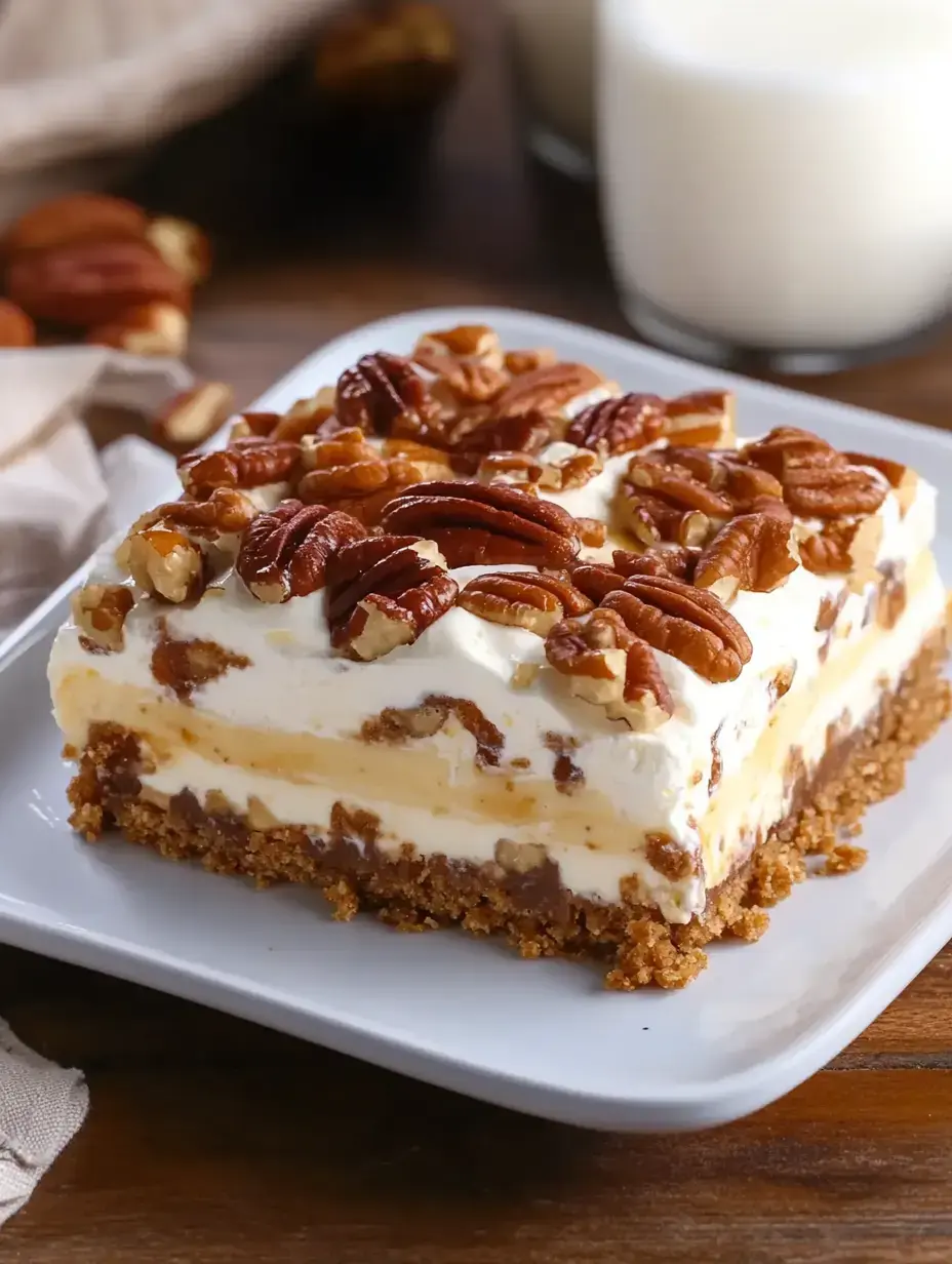 A close-up of a layered dessert with a graham cracker crust, creamy filling, and topped with pecans, served on a white plate.