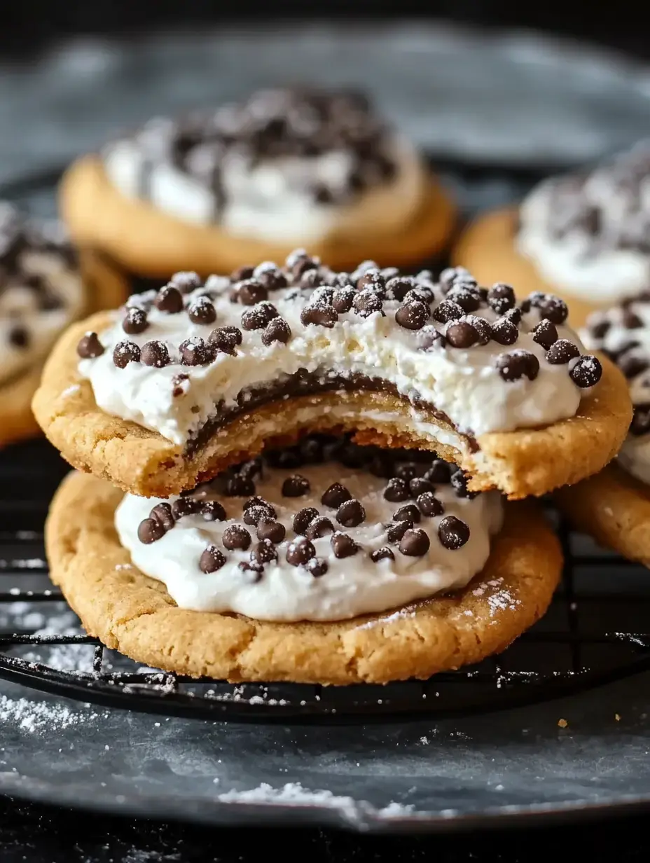 A close-up of a stacked dessert featuring a cookie topped with cream and chocolate chips, with a bite taken out of the top cookie revealing a spread inside.