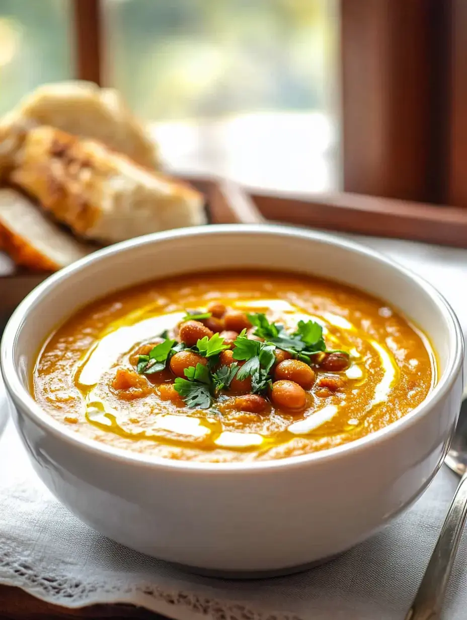 A bowl of creamy orange soup topped with beans and garnished with fresh herbs, accompanied by slices of bread in the background.