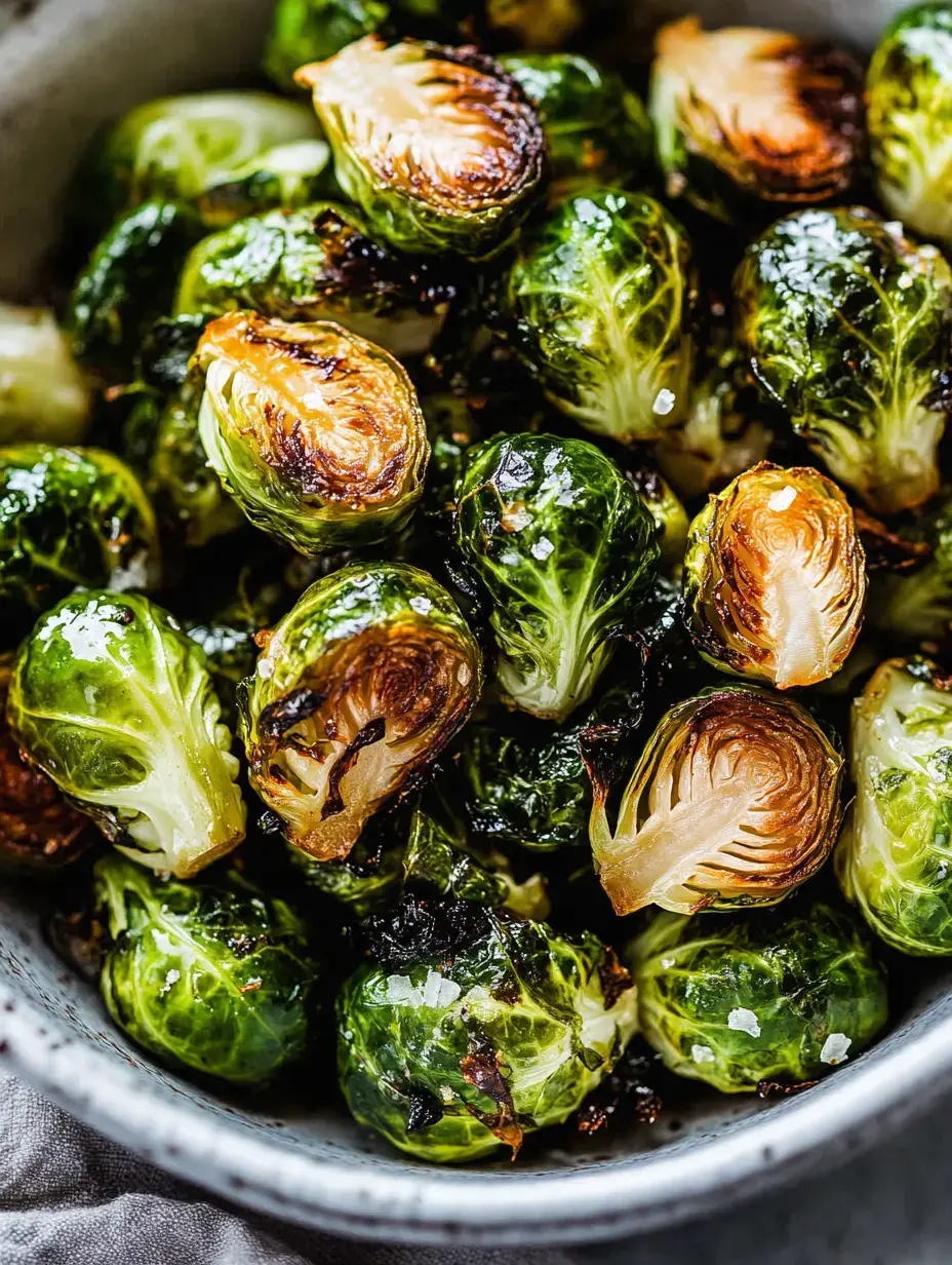 A close-up view of roasted Brussels sprouts garnished with a sprinkle of salt in a bowl.