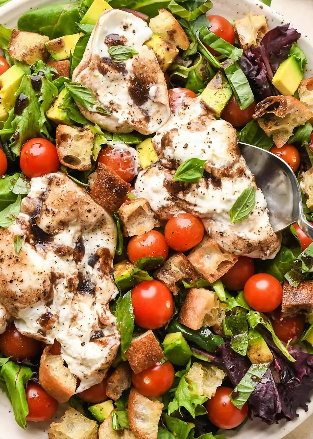 A colorful salad featuring mixed greens, cherry tomatoes, avocado, toasted bread pieces, and creamy mozzarella, garnished with fresh basil.