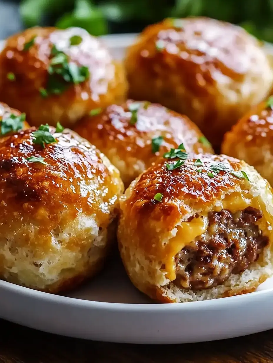 A plate of golden-brown baked meatballs with a melted cheese center, garnished with chopped parsley.