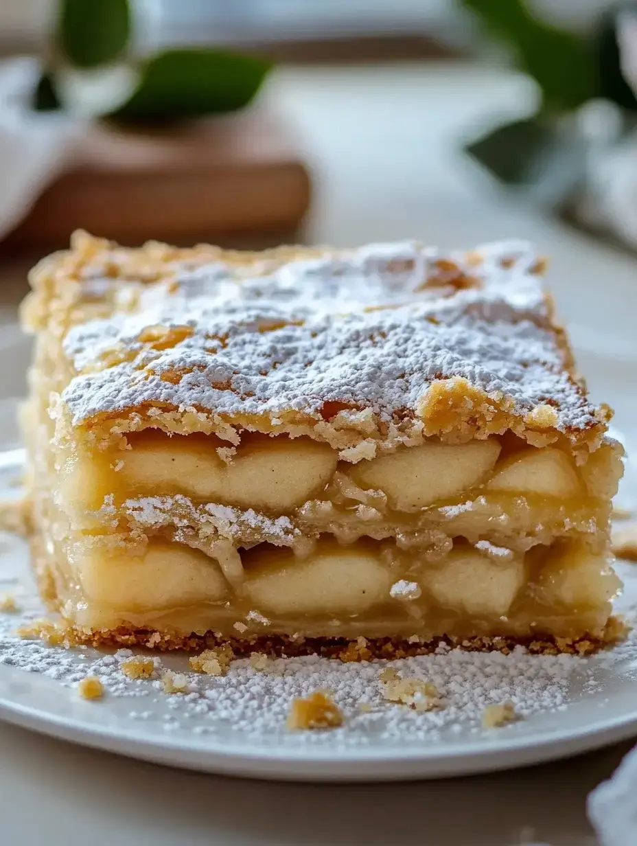 A slice of layered apple pie dusted with powdered sugar on a white plate.