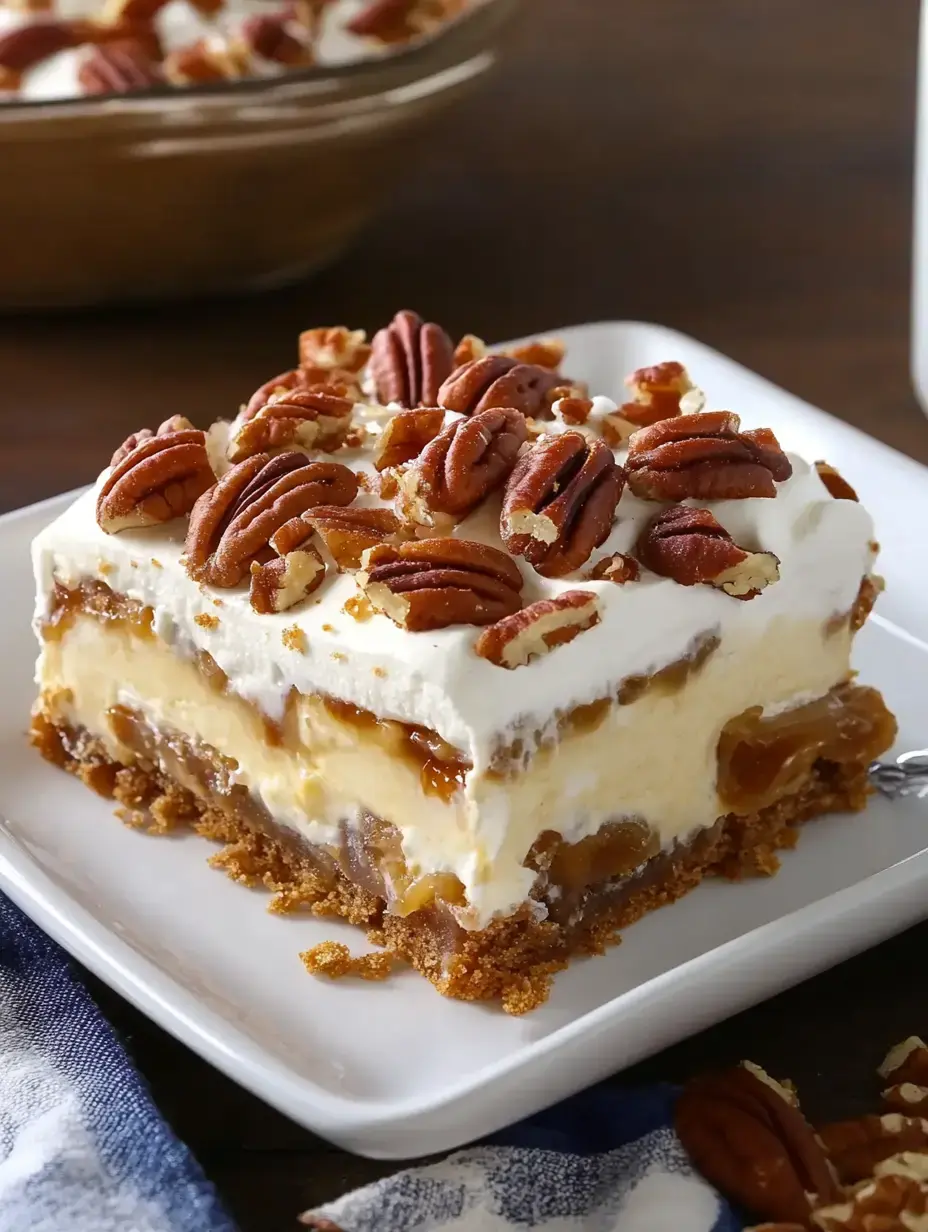 A slice of layered dessert with a graham cracker crust, vanilla pudding, and caramel topping, garnished with chopped pecans, served on a white plate.