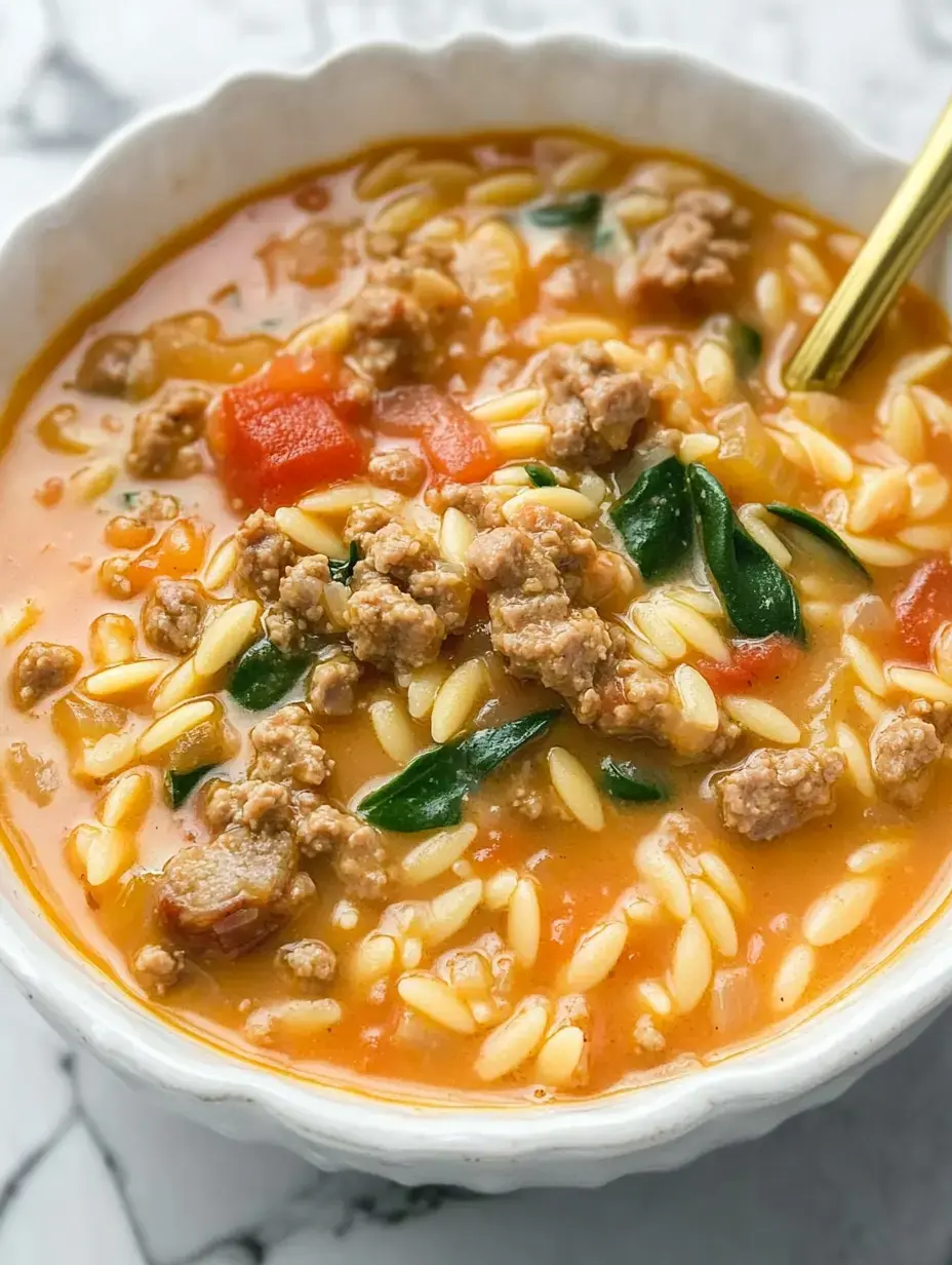 A bowl of hearty soup featuring orzo pasta, ground meat, diced tomatoes, and spinach in a savory broth.