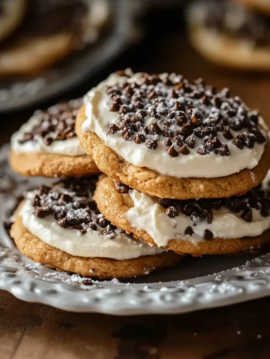 A stack of three cookies topped with creamy frosting and chocolate chips on a decorative plate.