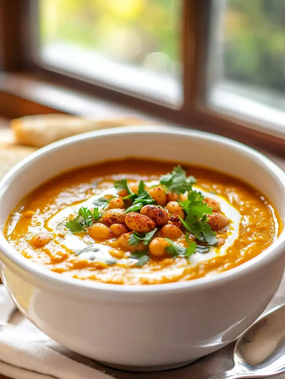 A white bowl of creamy orange soup topped with herbs and roasted legumes sits on a table near a window.