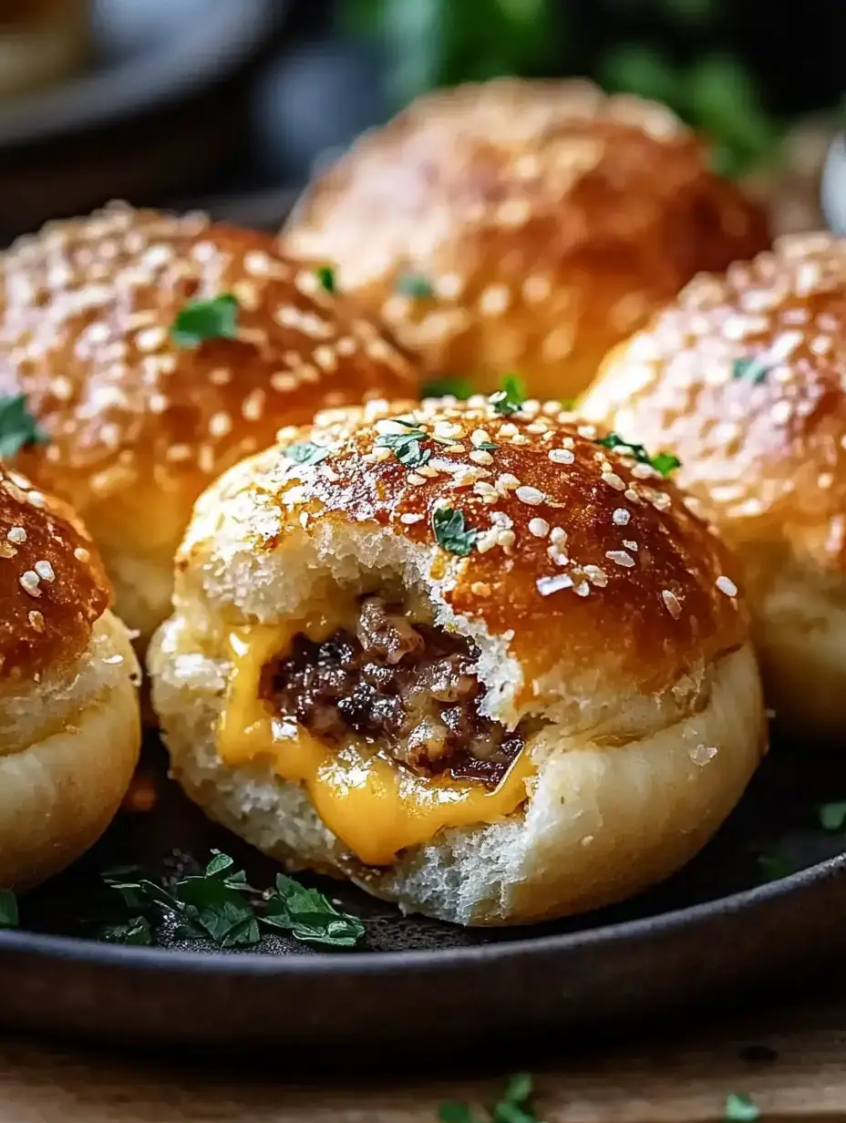 A close-up of soft, golden brown rolls topped with sesame seeds, one roll is cut in half revealing melted cheese and savory filling inside.