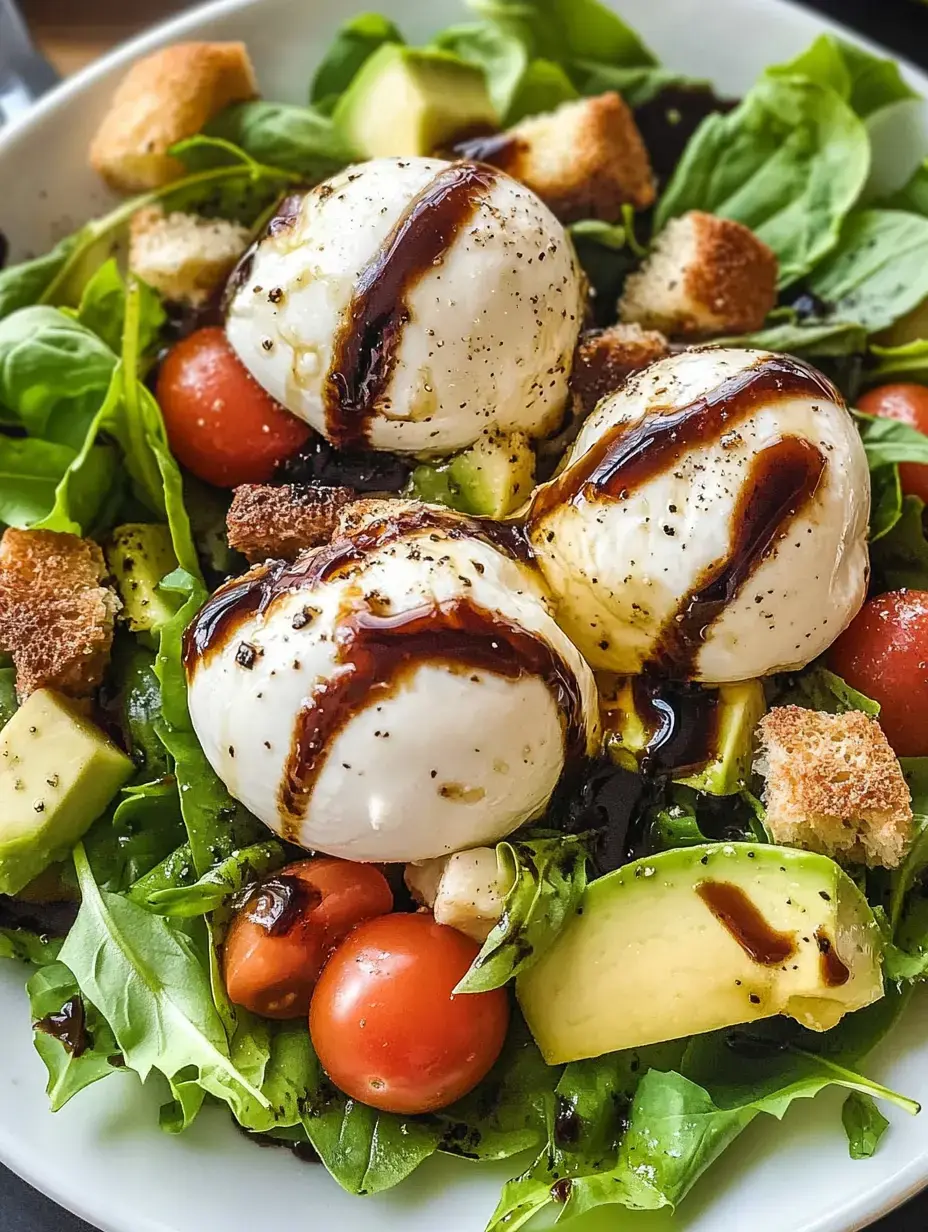 A fresh salad topped with three creamy burrata balls, cherry tomatoes, avocado slices, croutons, and drizzled with balsamic glaze.