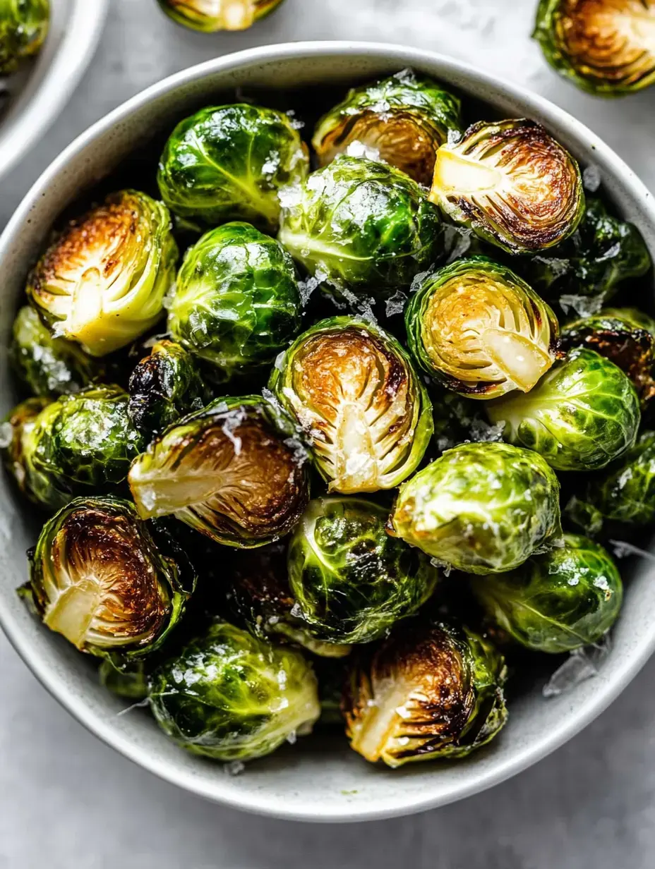 A close-up of a bowl filled with roasted Brussels sprouts, garnished with salt.