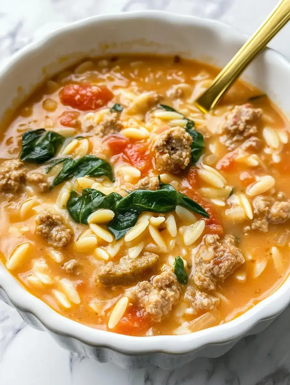 A close-up of a white bowl filled with hearty soup containing orzo pasta, ground meat, tomatoes, and fresh spinach, garnished with a golden spoon.