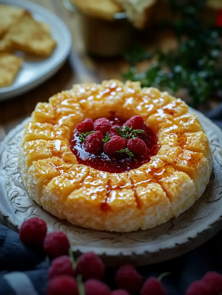 A beautifully arranged round cake topped with a glossy sauce, fresh raspberries, and a sprig of mint, presented on a decorative wooden platter.