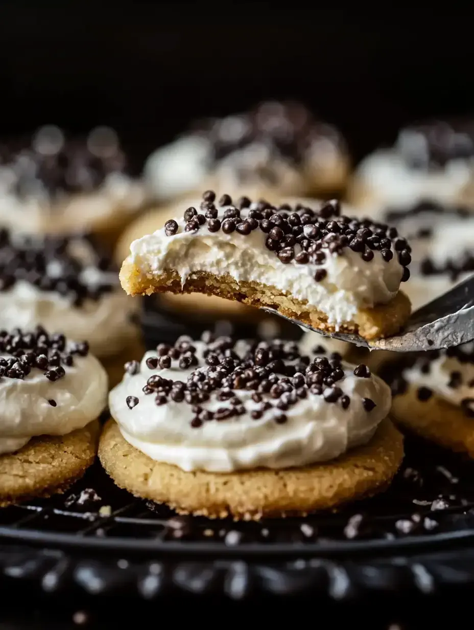 A close-up of a cookie topped with whipped cream and chocolate sprinkles, with a bite taken out, set among additional similar cookies on a dark plate.