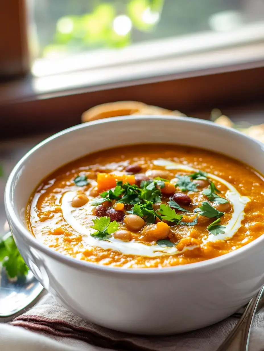 A bowl of creamy orange soup topped with fresh herbs and beans, sitting on a textured cloth near a window.