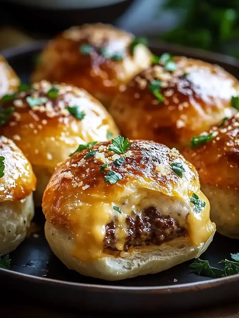 A close-up of golden, cheesy meat-stuffed rolls garnished with parsley on a dark plate.