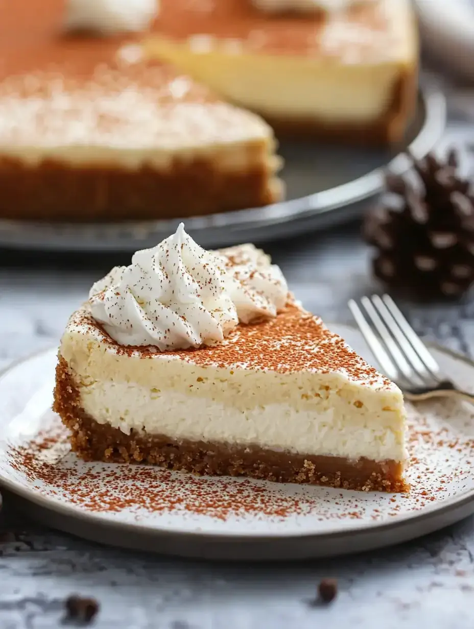 A slice of creamy cheesecake topped with whipped cream and cocoa powder is served on a plate, with the whole cheesecake in the background.