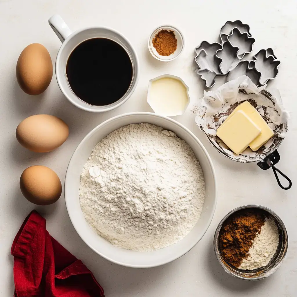 A flat lay arrangement of cooking ingredients including flour, eggs, coffee, butter, spices, and cookie cutters.