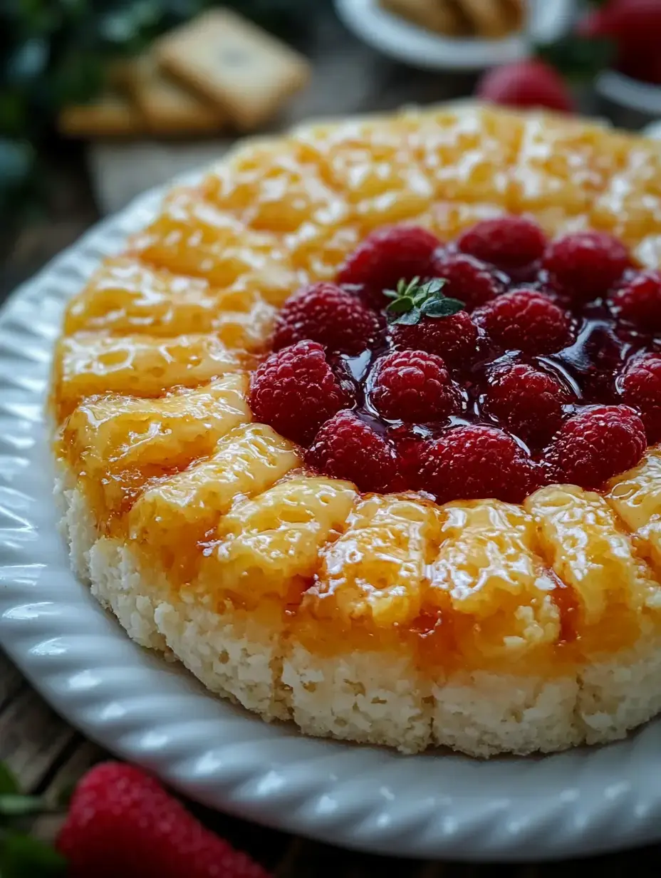 A beautifully arranged dessert featuring a yellow fruit glaze topped with fresh raspberries on a white plate.