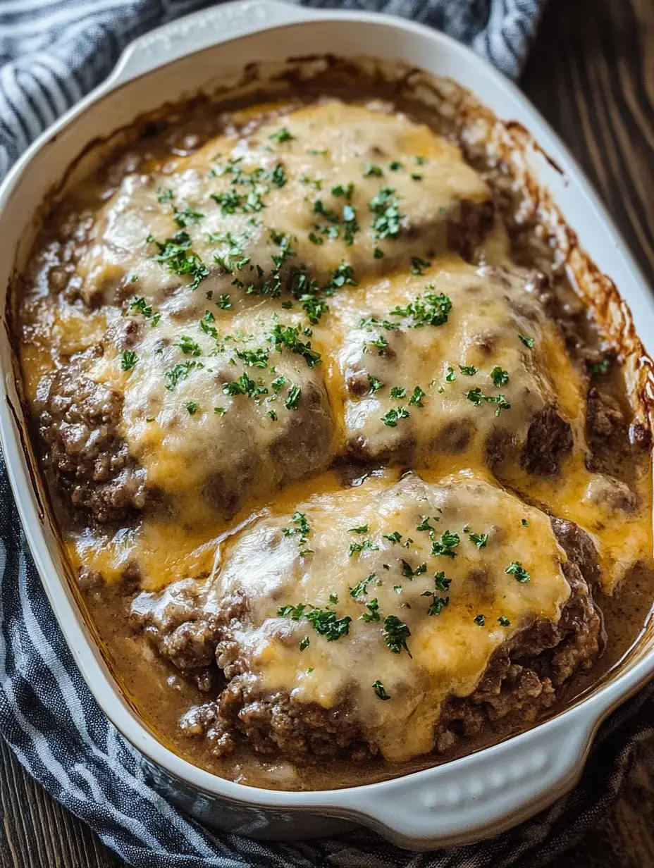 A dish of baked meatloaf topped with melted cheese and sprinkled with parsley, served in a white baking dish.