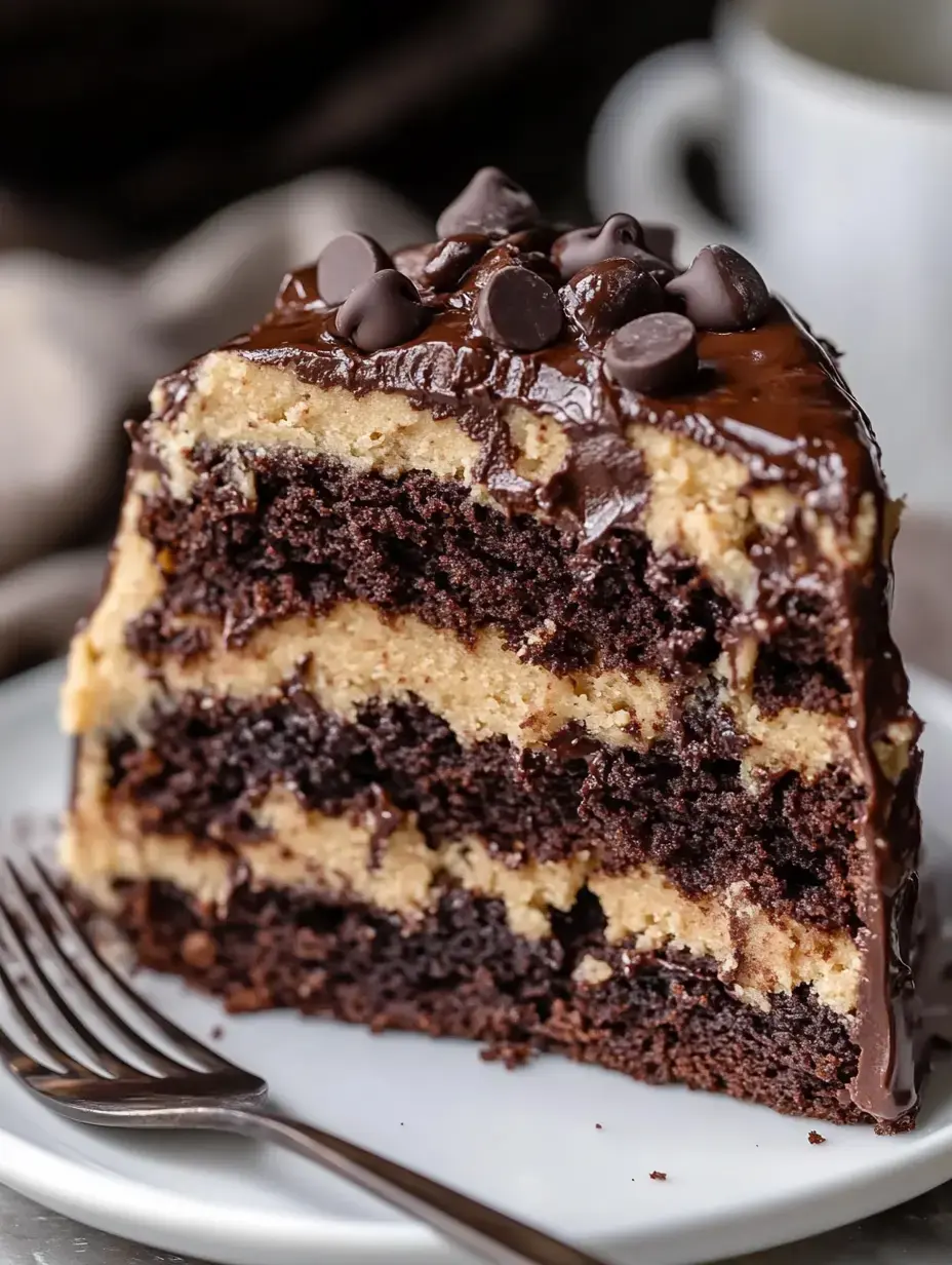 A slice of layered chocolate cake with chocolate frosting and chocolate chips on top, served on a plate with a fork.