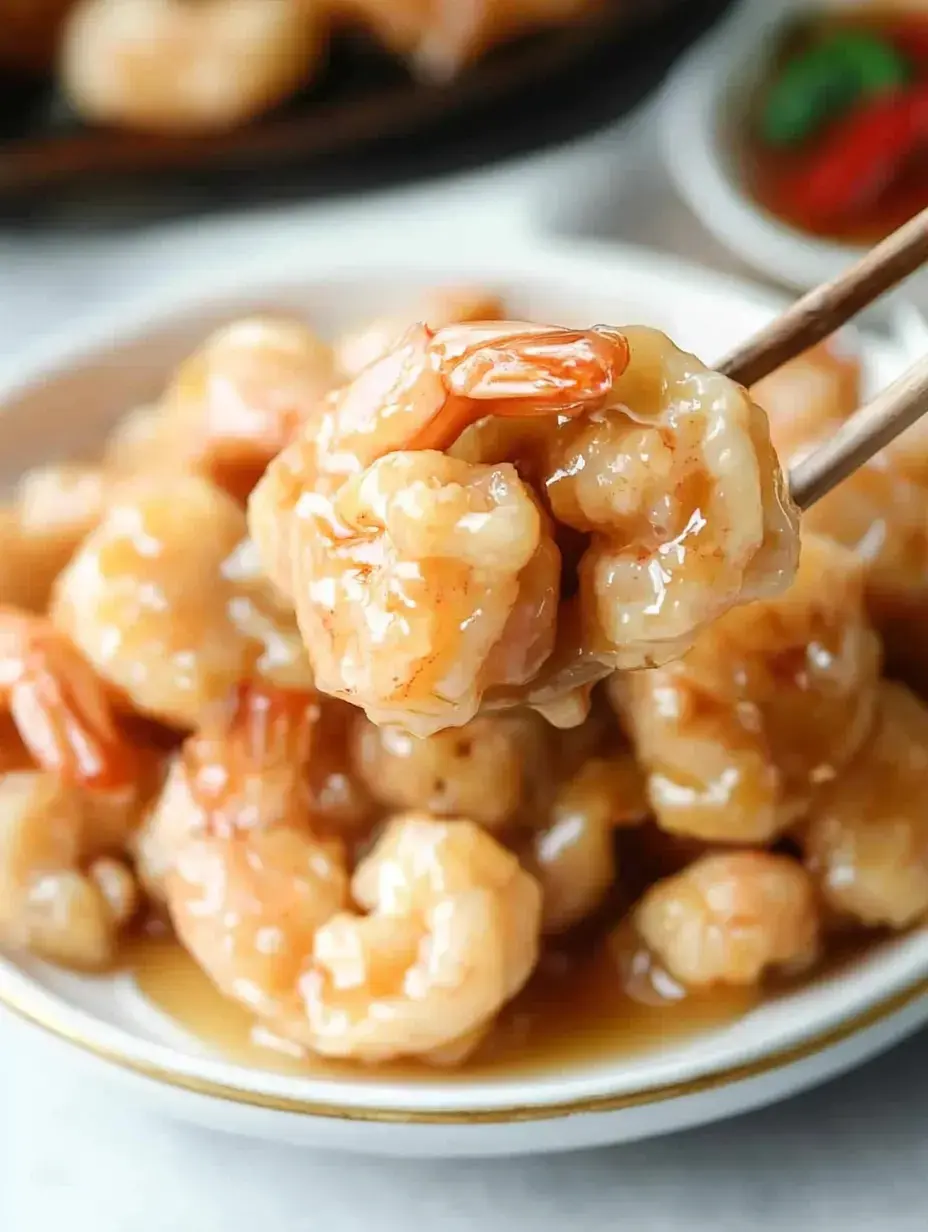 A close-up of cooked, glossy shrimp being lifted with chopsticks from a bowl, surrounded by more shrimp and a small dish in the background.