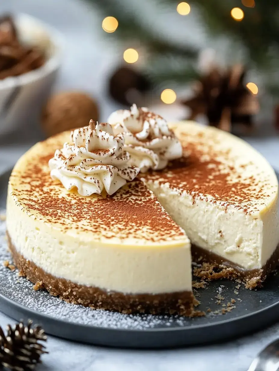 A creamy cheesecake with a graham cracker crust is topped with whipped cream and cocoa powder, with a slice cut out, set against a blurred festive background.