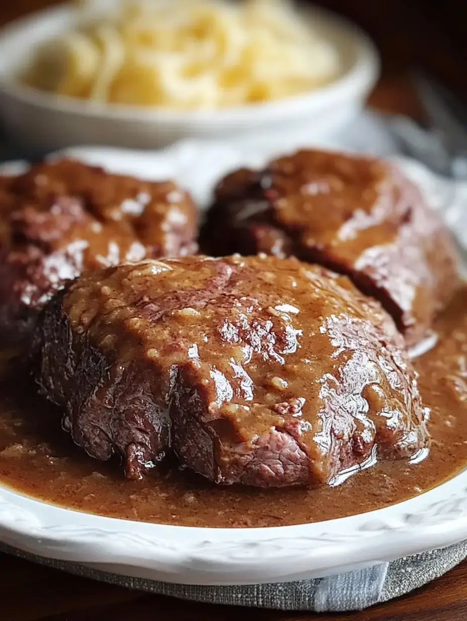 A plate of tender beef covered in rich gravy, accompanied by a side of pasta in the background.