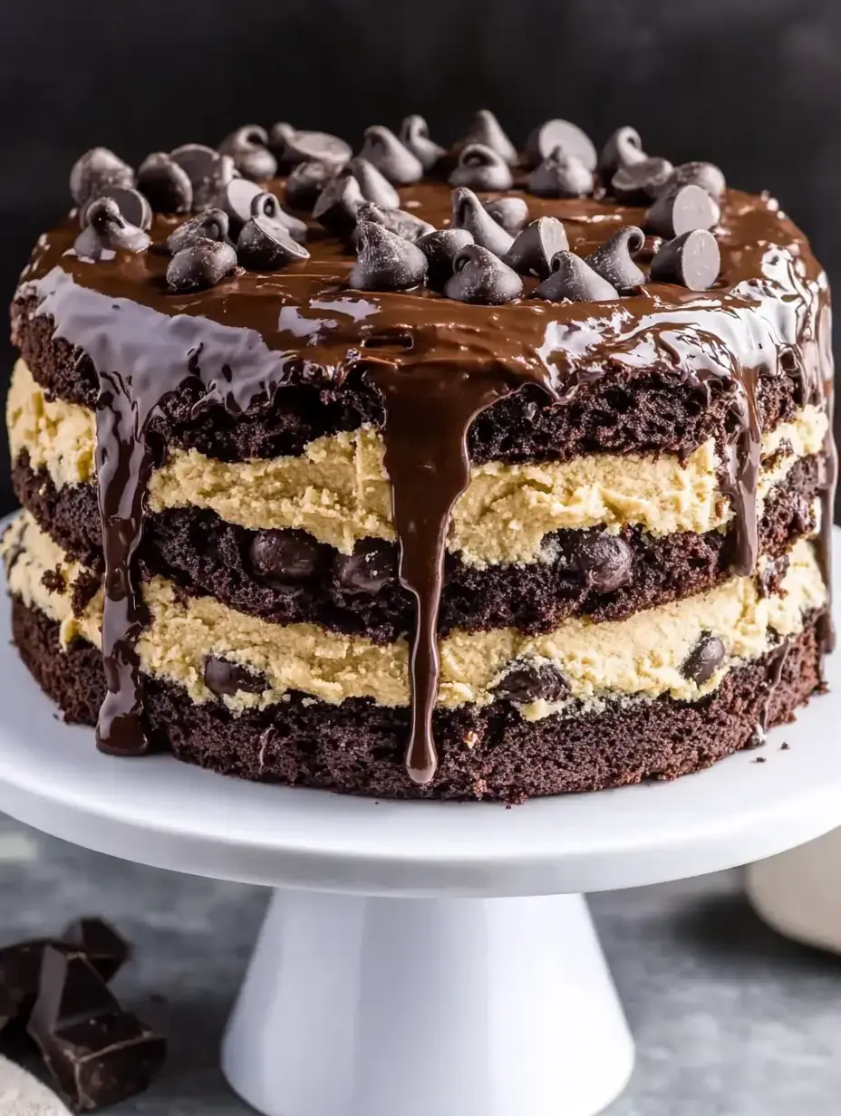 A layered chocolate cake topped with melted chocolate and chocolate chips sits on a white cake stand.