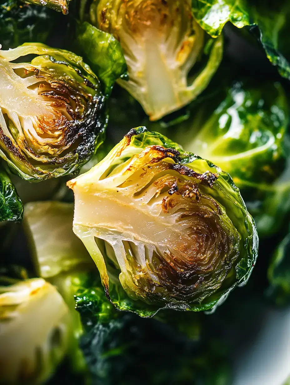 A close-up of halved roasted Brussels sprouts with crispy green leaves and a golden-brown interior.