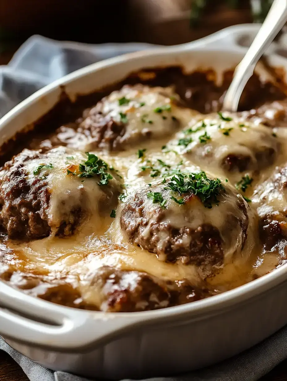 A creamy casserole of meatballs topped with melted cheese and garnished with fresh parsley.