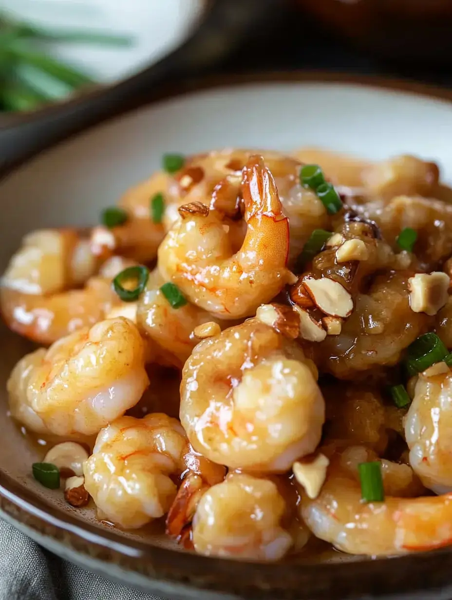 A close-up of a bowl filled with shrimp coated in a glossy sauce and garnished with chopped green onions and nuts.