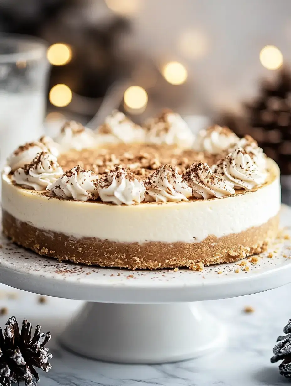 A creamy dessert cake with whipped cream topping and a graham cracker crust is displayed on a cake stand, surrounded by pine cones and decorative lights.