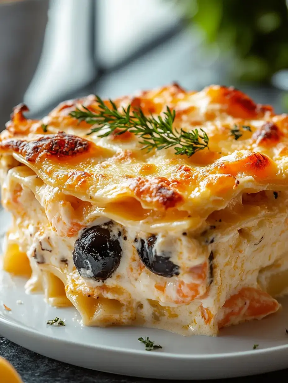 A close-up of a slice of baked lasagna with visible layers, featuring black olives and garnished with a sprig of green herb on a white plate.