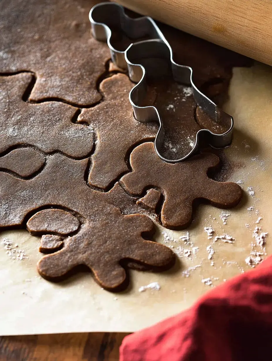 A rolling pin and a metal cookie cutter rest on a sheet of brown gingerbread dough, with several gingerbread shapes cut out and dusted with flour.