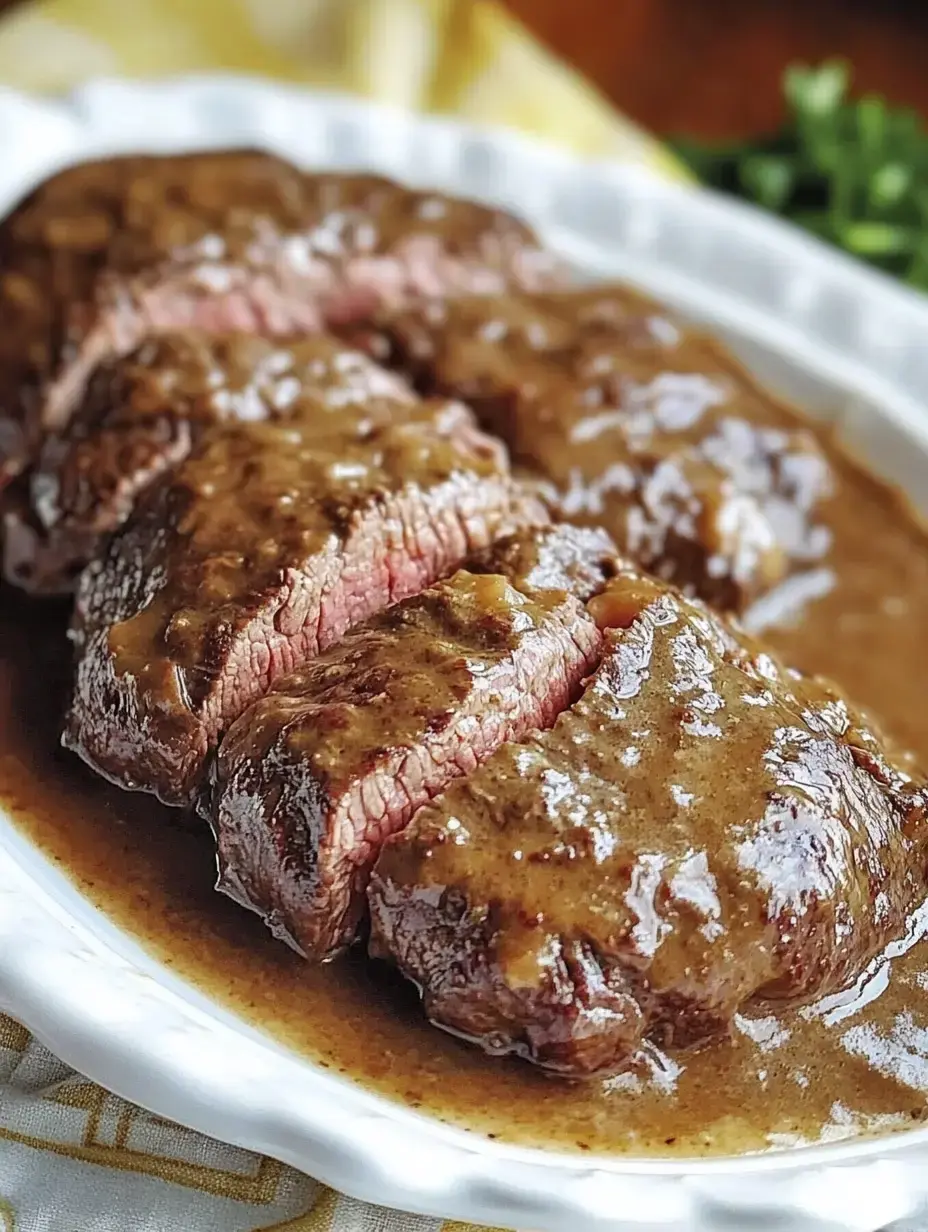 Sliced beef covered in a rich brown gravy is presented on a white platter.