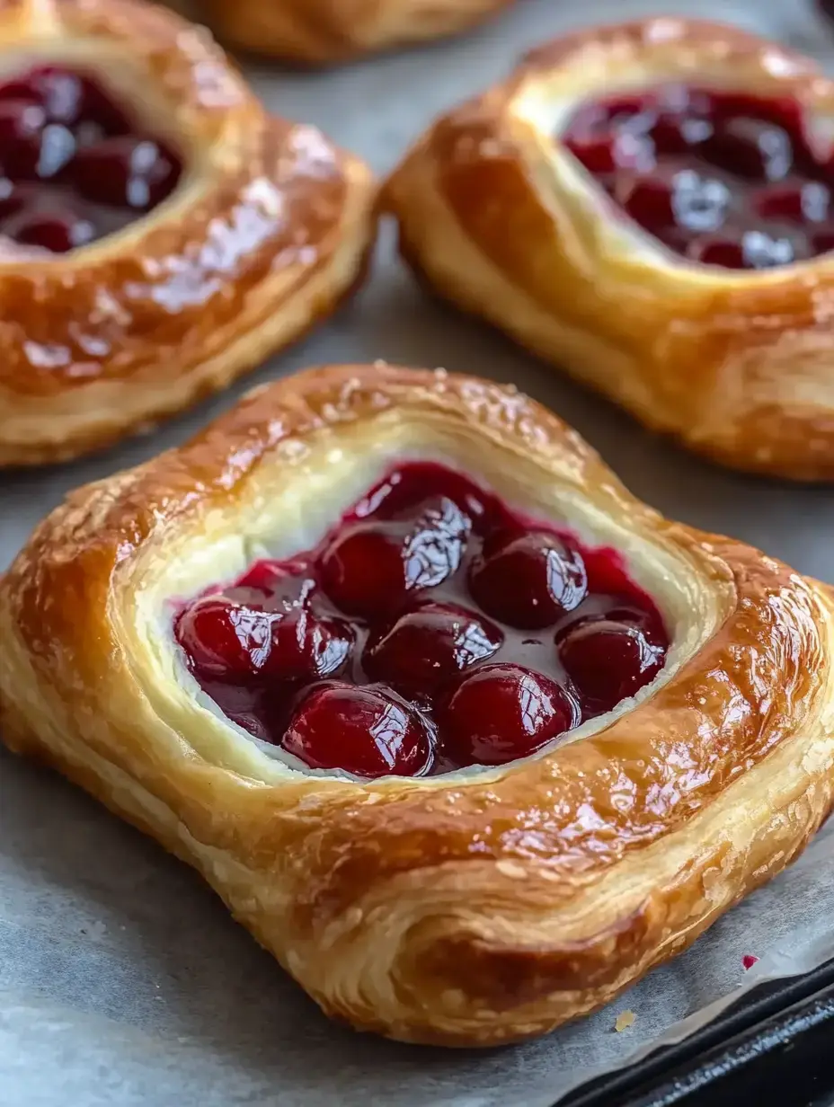 A close-up image of golden-brown, flaky pastries filled with shiny red cherry filling.