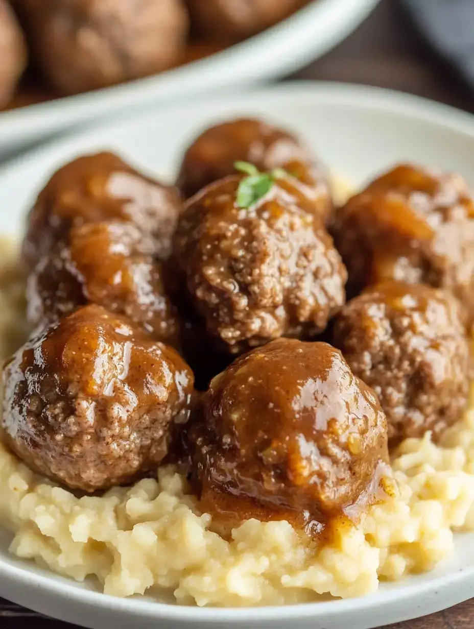 A plate of meatballs covered in brown gravy, served on a bed of creamy mashed potatoes.