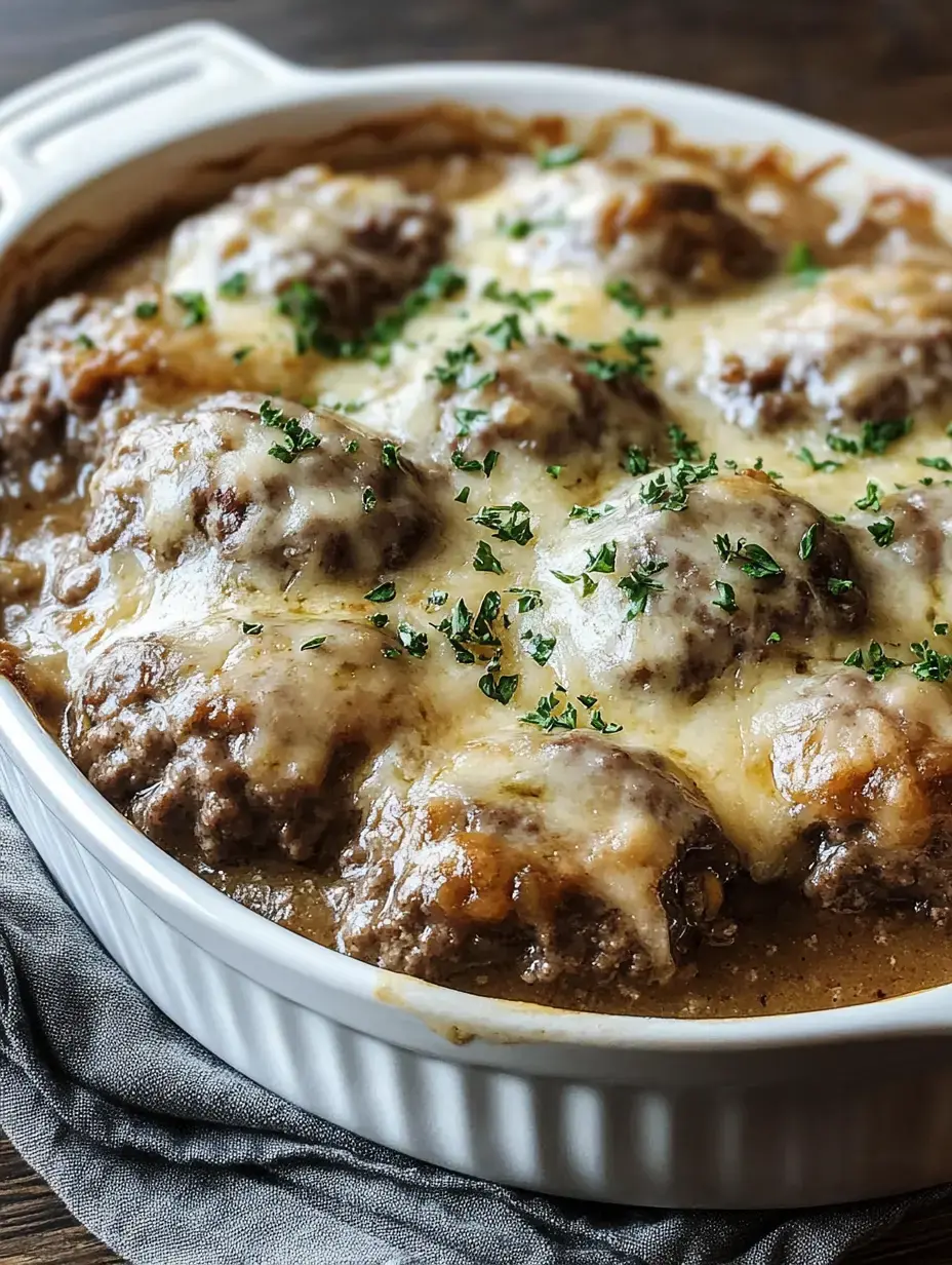 A creamy casserole of melted cheese over meatballs, garnished with fresh parsley.