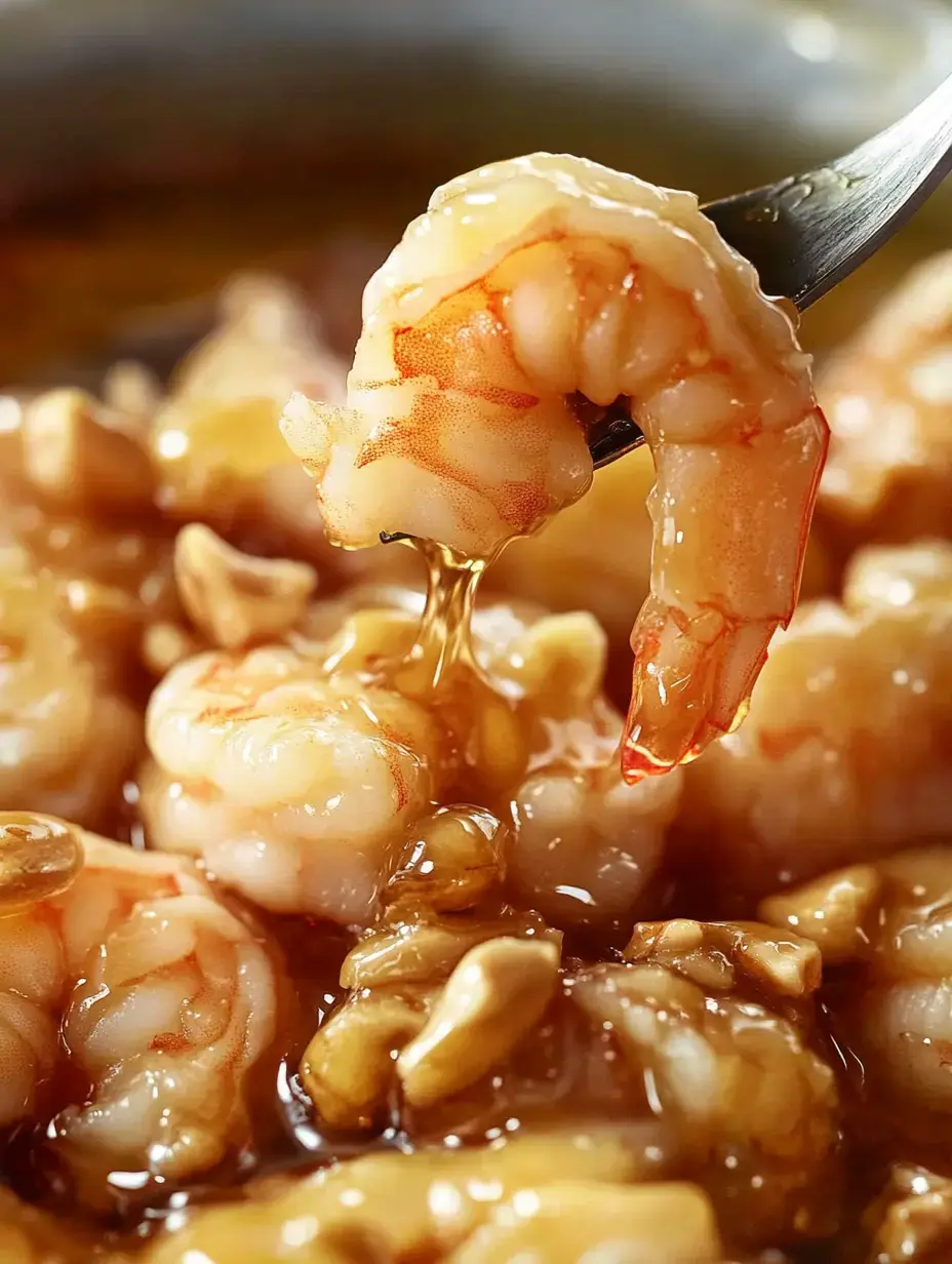 A close-up of a shrimp being lifted with a fork, glistening in a sauce with bits of chopped nuts.