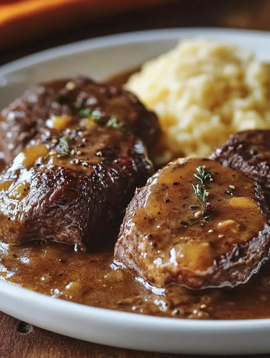 A close-up of two tender beef fillets topped with a rich gravy and garnished with thyme, served alongside creamy mashed potatoes.